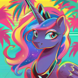 Size: 1024x1024 | Tagged: safe, ai content, derpibooru import, generator:pony diffusion v6 xl, generator:stable diffusion, machine learning generated, princess luna, alicorn, pony, g4, 80s, abstract background, accessory, chromatic aberration, palm tree, prompter:foxpony, solo, tree