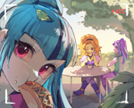 Size: 2070x1668 | Tagged: safe, artist:deadbirdorzcr, derpibooru import, adagio dazzle, aria blaze, sonata dusk, human, equestria girls, g4, camera shot, chair, eating, female, food, leaves, leaves in hair, looking at you, outdoors, table, taco, tea, the dazzlings, tree