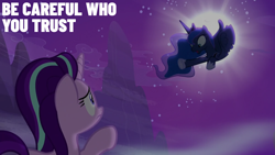 Size: 1920x1080 | Tagged: safe, derpibooru import, edit, edited screencap, editor:quoterific, screencap, princess luna, starlight glimmer, alicorn, pony, unicorn, g4, season 6, to where and back again, dream, dream walker luna, duo, duo female, female, horn, mare, moon