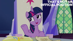 Size: 2000x1125 | Tagged: safe, derpibooru import, edit, edited screencap, editor:quoterific, screencap, twilight sparkle, twilight sparkle (alicorn), alicorn, g4, not asking for trouble, book, cutie map, scroll, solo, twilight's castle