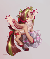 Size: 2035x2384 | Tagged: safe, artist:helemaranth, derpibooru import, oc, oc only, oc:helemaranth, pegasus, pony, companion cube, countershading, female, flying, gray background, horns, mare, pegasus oc, portal (valve), simple background, solo, spread wings, wings