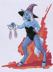 Size: 759x1025 | Tagged: safe, artist:adeptus-monitus, derpibooru import, trixie, anthro, bunny ears, bunny suit, clothes, comparison, draw this again, hat, redraw, solo, wizard hat
