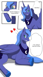 Size: 720x1280 | Tagged: safe, artist:avianine, artist:wolferion, derpibooru import, princess luna, alicorn, pony, comic, concave belly, dialogue, furry to pony, grin, heart, lying down, ponysuit, prone, quadsuit, s1 luna, smiling, species swap, suiting, transformation