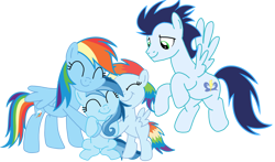 Size: 3812x2235 | Tagged: safe, derpibooru import, rainbow dash, soarin', oc, oc:ragtag, oc:shooting star, pegasus, pony, female, filly, foal, hug, male, mare, offspring, parent:rainbow dash, parent:soarin', parents:soarindash, shipping, siblings, simple background, soarindash, stallion, straight, transparent background, twins