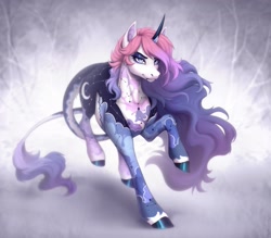 Size: 2061x1806 | Tagged: safe, artist:sparkling_light, derpibooru import, oc, oc only, pony, unicorn, abstract background, cloud pattern, constellation freckles, eyebrow piercing, female, freckles, horn, horn ring, leonine tail, lip piercing, mare, piercing, ring, snake bites, solo, tail