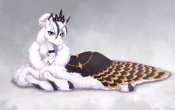 Size: 3788x2400 | Tagged: safe, artist:sparkling_light, derpibooru import, oc, oc only, pony, unicorn, choker, cloak, clothes, commission, female, hair bun, horn, jewelry, looking at you, lying down, mare, prone, regalia, solo, unshorn fetlocks