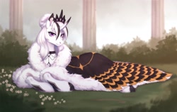 Size: 3788x2400 | Tagged: safe, alternate version, artist:sparkling_light, derpibooru import, oc, oc only, pony, unicorn, choker, cloak, clothes, commission, female, hair bun, horn, jewelry, looking at you, lying down, mare, prone, regalia, solo, unshorn fetlocks