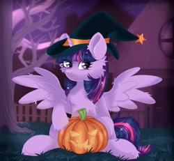 Size: 1449x1341 | Tagged: safe, artist:arllistar, derpibooru import, twilight sparkle, twilight sparkle (alicorn), alicorn, pony, g4, fence, grass, halloween, hat, holiday, jack-o-lantern, night, pumpkin, sitting, solo, spread wings, tree, wings, witch hat