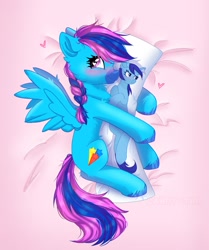 Size: 1687x2020 | Tagged: safe, artist:arllistar, derpibooru import, minuette, oc, oc:laser shine, pegasus, pony, unicorn, bed, blushing, body pillow, canon x oc, facial markings, female, heart, heart eyes, horn, hug, mare, mealy mouth (coat marking), pillow, pillow hug, solo, unshorn fetlocks, wingding eyes