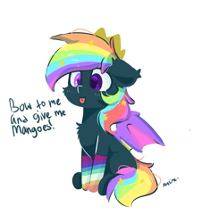 Size: 665x737 | Tagged: safe, artist:skylinepony_, derpibooru import, oc, oc only, bat pony, pony, black mane, clothes, cute, female, simple background, sitting, socks, solo, spread wings, striped socks, text, tongue, tongue out, white background, wings