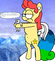 Size: 3023x3351 | Tagged: safe, artist:professorventurer, derpibooru import, oc, oc:power star, pegasus, pony, belly, belly button, bipedal, brainlet, cool cool mountain, drama, implied rape, meme, meta, no neck, round belly, rule 85, super mario 64, twitter