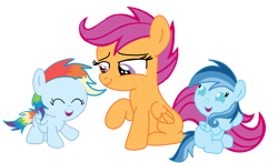 Size: 3812x2235 | Tagged: safe, derpibooru import, scootaloo, oc, oc:ragtag, oc:shooting star, pegasus, pony, baby, baby pony, female, filly, foal, offspring, parent:rainbow dash, parent:soarin', parents:soarindash, scootalove, siblings, simple background, transparent background, twins