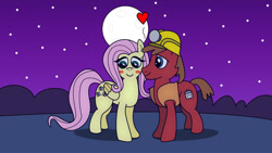 Size: 1191x670 | Tagged: safe, artist:meltingman234, derpibooru import, fluttershy, oc, oc:bronze age, earth pony, pegasus, pony, g4, blushing, canon x oc, duo, duo male and female, female, floating heart, heart, helmet, male, moon, shipping, straight