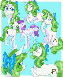 Size: 1400x1700 | Tagged: safe, artist:abbytabbys, derpibooru import, oc, oc only, oc:minty root, oc:snow kicker, pegasus, pony, unicorn, blue background, blue bow, blue eyes, border, bow, colored eyebrows, commission, curly hair, curly mane, curly tail, cyan background, doodle dump, doodle page, duo, duo female, eye clipping through hair, eyebrows, eyebrows visible through hair, female, folded wings, glowing, glowing horn, green mane, green tail, hair bow, horn, long mane, long tail, looking at you, looking back, looking back at you, magic, mare, nuzzling, pegasus oc, profile, purple mane, purple tail, raised hoof, raised leg, shiny mane, shiny tail, sibling love, siblings, simple background, sisterly love, sisters, sitting, smiling, smiling at you, solo focus, standing, tail, thinking, two toned mane, two toned tail, unicorn horn, unicorn oc, walking, white coat, wings