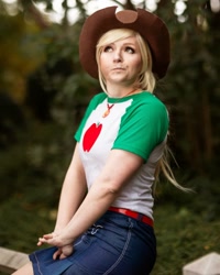 Size: 1080x1350 | Tagged: safe, derpibooru import, applejack, human, better together, equestria girls, clothes, cosplay, costume, cowboy hat, female, hat, irl, irl human, liar face, photo, solo