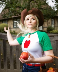 Size: 1080x1350 | Tagged: safe, derpibooru import, applejack, human, better together, equestria girls, apple, clothes, cosplay, costume, cowboy hat, female, food, hat, irl, irl human, photo, solo