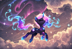 Size: 1216x832 | Tagged: safe, ai content, derpibooru import, generator:novelai, generator:stable diffusion, machine learning generated, oc, oc only, pony, unicorn, cloud, ethereal mane, ethereal tail, eyes closed, female, floating, full body, horn, mare, nebula, prompter needed, side view, smiling, solo, stars, tail, unicorn oc