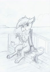 Size: 4746x6799 | Tagged: safe, artist:pzkratzer, derpibooru import, gilda, semi-anthro, belly button, cigarette, ocean, pencil drawing, sitting, sketch, smoking, solo, traditional art, water