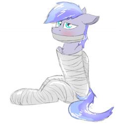 Size: 1106x1182 | Tagged: safe, artist:pzkratzer, derpibooru import, oc, oc only, oc:discoordination, pegasus, pony, aggie.io, blushing, bondage, bound wings, gag, male, mummification, simple background, sitting, sketch, solo, tape, tape bondage, tape gag, white background, wings