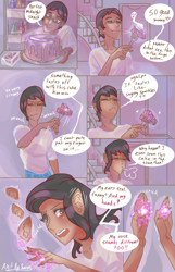 Size: 1089x1696 | Tagged: safe, artist:artbyharu, derpibooru import, human, cake, comic, dialogue, food, hooves, human to anthro, species swap, speech bubble, transformation