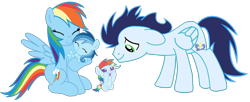 Size: 3812x1557 | Tagged: safe, derpibooru import, rainbow dash, soarin', oc, oc:ragtag, oc:shooting star, pegasus, pony, baby, baby pony, female, filly, foal, male, mare, offspring, parent:rainbow dash, parent:soarin', parents:soarindash, shipping, siblings, simple background, soarindash, stallion, straight, transparent background, twins