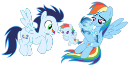 Size: 3812x1966 | Tagged: safe, derpibooru import, rainbow dash, soarin', oc, oc:ragtag, oc:shooting star, pegasus, pony, baby, baby pony, female, filly, foal, male, mare, offspring, parent:rainbow dash, parent:soarin', parents:soarindash, shipping, siblings, simple background, soarindash, stallion, straight, transparent background, twins