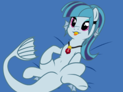 Size: 640x480 | Tagged: safe, artist:shelikof launch, derpibooru exclusive, derpibooru import, sonata dusk, hybrid, pony, siren, g4, :p, animated, belly, belly button, cute, featureless crotch, female, lying down, mare, on back, simple background, smiling, solo, swallowing, tongue, tongue out, vore