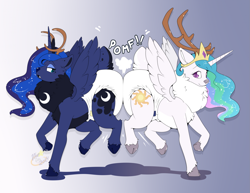 Size: 2187x1685 | Tagged: safe, artist:maynara, derpibooru import, princess celestia, princess luna, alicorn, deer, deer pony, hybrid, original species, pony, butt bump, clean diaper, diaper, diaper fetish, duo, duo female, female, fetish, gradient background