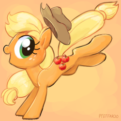 Size: 2048x2048 | Tagged: safe, artist:pfeffaroo, derpibooru import, applejack, earth pony, pony, g4, 3d cutie mark, applebucking, applejack's hat, bucking, clothes, cowboy hat, female, freckles, hair tie, hat, high res, looking back, mare, open mouth, open smile, orange background, profile, signature, simple background, smiling, solo