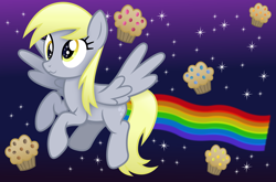 Size: 4581x3026 | Tagged: safe, artist:anime-equestria, derpibooru import, derpy hooves, pegasus, pony, g4, :3, cute, female, flying, food, mare, muffin, nyan cat, rainbow, smiling, solo, space, sparkly eyes, spread wings, wingding eyes, wings