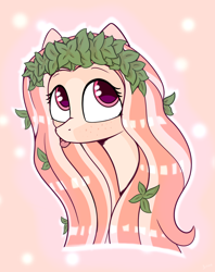 Size: 1648x2085 | Tagged: safe, artist:3naa, derpibooru import, oc, oc only, oc:ichordrop, pony, :p, bust, coat markings, freckles, garland, leaf, leaves, leaves in hair, long hair, solo, tongue, tongue out