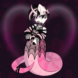 Size: 2000x2000 | Tagged: safe, artist:alkalez, derpibooru import, oc, oc only, oc:sweet irony, lamia, original species, unicorn, black lipstick, bow, goth, horn, lipstick, pastel goth, solo, spider web