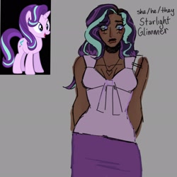 Size: 2048x2048 | Tagged: safe, artist:princezzzom, derpibooru import, starlight glimmer, human, pony, unicorn, g4, african american, blue eyes, clothes, dark skin, eyeshadow, gray background, headcanon, horn, horned humanization, human coloration, humanized, jewelry, looking at you, makeup, necklace, pants, reference sheet, shirt, simple background, tail, two toned hair, two toned mane, two toned tail, vector