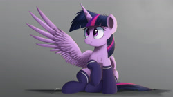 Size: 4420x2486 | Tagged: safe, artist:ncmares, derpibooru import, twilight sparkle, twilight sparkle (alicorn), alicorn, pony, g4, adorkable, clothes, cute, dork, female, horn, mare, ncmares is trying to murder us, one wing out, sitting, smiling, socks, solo, spread wings, thigh highs, twiabetes, wings