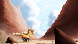 Size: 5000x2813 | Tagged: safe, artist:ncmares, derpibooru import, applejack, earth pony, pony, g4, action pose, applejack's hat, boots, canyon, clothes, cloud, cowboy hat, dust, female, fireproof boots, freckles, galloping, grin, hat, high res, mare, outdoors, rock, running, scenery, shoes, signature, sky, smiling, solo, stetson, tail