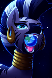 Size: 1024x1536 | Tagged: safe, ai content, derpibooru import, generator:novelai, generator:stable diffusion, machine learning generated, zecora, zebra, bust, close-up, female, giantess, giga, looking at you, macro, object vore, one eye, open mouth, planet, portrait, prompt in description, prompter needed, sharp teeth, solo, teeth, vore