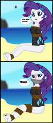 Size: 2999x6894 | Tagged: safe, artist:cardshark777, derpibooru import, equestria girls, g4, 2 panel comic, barefoot, beach, blurry background, blushing, bondage, box tied, clothes, comic, crotch rope, feet, female, femsub, gag, helpless, looking at you, muffled words, question, rope, rope bondage, sand, sitting, solo, speech bubble, submissive, swimsuit, talking, talking to viewer, tape, tape gag, toe tied, toes, water