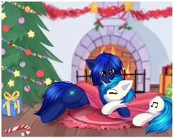 Size: 1605x1275 | Tagged: safe, artist:arllistar, derpibooru import, dj pon-3, vinyl scratch, oc, pony, unicorn, blanket, candy, candy cane, canon x oc, christmas, christmas tree, cuddling, duo, duo female, female, fire, fireplace, food, holiday, holly, horn, mare, present, rug, tree