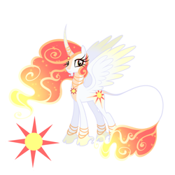 Size: 1640x1640 | Tagged: safe, artist:dreamscreep, derpibooru import, princess celestia, alicorn, pony, g4, anklet, bracelet, cloven hooves, cutie mark, facial hair, feathered wings, female, fire, goatee, horn, horn jewelry, jewelry, looking at you, mane of fire, mare, necklace, redesign, simple background, smiling, smiling at you, solo, spread wings, sun, tail, tail of fire, white background, wings