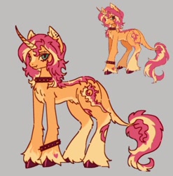 Size: 432x438 | Tagged: safe, artist:junniepiepoopop, derpibooru import, sunset shimmer, pony, unicorn, g4, alternate design, bags under eyes, blaze (coat marking), chest fluff, coat markings, collar, colored eartips, colored hooves, colored horn, curved horn, duality, ear fluff, ear piercing, earring, ears, eyebrow piercing, eyelashes, facial markings, fangs, female, gray background, green eyes, heart, heart mark, horn, jewelry, leonine tail, long legs, long mane, long tail, lowres, mare, messy mane, messy tail, orange coat, piercing, pubic fluff, redesign, shiny hooves, simple background, smiling, socks (coat marking), solo, spiked collar, spiked wristband, standing, tail, two toned mane, two toned tail, unshorn fetlocks, wristband