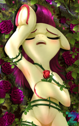 Size: 1122x1799 | Tagged: safe, artist:darksly, derpibooru import, roseluck, earth pony, pony, g4, armpits, belly, belly button, blushing, body pillow, cropped, ears, eyes closed, female, floppy ears, flower, lying down, mare, rose, solo, underhoof, unshorn fetlocks, vine
