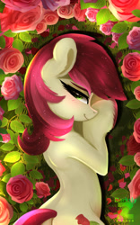 Size: 1122x1797 | Tagged: safe, artist:darksly, derpibooru import, roseluck, earth pony, pony, g4, blushing, body pillow, butt, cropped, female, flower, human shoulders, lying down, mare, plot, rose, solo, unshorn fetlocks