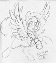 Size: 2069x2350 | Tagged: safe, artist:twisted-sketch, derpibooru import, oc, oc only, oc:snow kicker, pegasus, amputee, female, mare, prosthetic leg, prosthetic limb, prosthetics, solo, spread wings, traditional art, wings