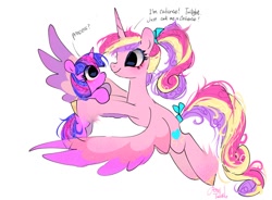 Size: 1024x752 | Tagged: safe, artist:petaltwinkle, derpibooru import, princess cadance, twilight sparkle, unicorn twilight, alicorn, pony, unicorn, g4, big eyes, blushing, bow, carrying, colored eartips, colored hooves, colored wings, colored wingtips, dialogue, duo, duo female, eye clipping through hair, eyelashes, female, fetlock tuft, filly, filly twilight sparkle, flying, foal, hair bow, holding a pony, horn, looking at each other, looking at someone, mare, messy mane, messy tail, multicolored mane, multicolored tail, multicolored wings, open mouth, pink coat, profile, purple coat, shiny hooves, signature, simple background, smiling, spread wings, straight mane, straight tail, sweat, sweatdrop, tail, tail bow, text, tied mane, tied tail, unicorn horn, white background, wingding eyes, wings, young cadance, younger