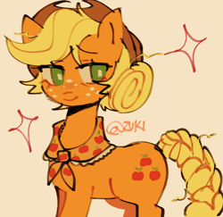 Size: 2048x1990 | Tagged: safe, artist:zuki, derpibooru import, part of a set, applejack, earth pony, pony, g4, alternate hairstyle, applejack's hat, bandana, blonde, blonde mane, blonde tail, braid, braided tail, clothes, cowboy hat, cute, eyebrows, eyebrows visible through hair, female, floating eyebrows, freckles, green eyes, hair bun, hat, jackabetes, looking away, looking to side, looking to the right, mare, neckerchief, older, older applejack, orange background, orange coat, signature, simple background, smiling, solo, sparkles, standing, tail, tied mane, tied tail, wingding eyes, yellow mane, yellow tail