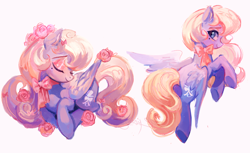 Size: 1800x1100 | Tagged: safe, artist:saresyrose3113, derpibooru import, oc, oc only, oc:primrose, pegasus, pony, beauty mark, bow, butt, eyes closed, eyeshadow, female, flower, flower in hair, looking at you, looking back, looking back at you, makeup, mare, mole, plot, ponysona, profile, ribbon, rose, simple background, smiling, smiling at you, solo, white background