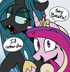 Size: 1286x1316 | Tagged: safe, artist:icey, derpibooru import, princess cadance, queen chrysalis, alicorn, changeling, changeling queen, pony, g4, duo, duo female, female, horn, looking at someone, looking at you, mare, queen chrysalis is not amused, selfie, speech bubble, unamused