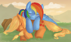 Size: 1854x1090 | Tagged: safe, artist:kaphrin, derpibooru import, applejack, rainbow dash, earth pony, pegasus, pony, g4, applejack's hat, clothes, cowboy hat, cute, hat, mountain, outdoors, sleeping