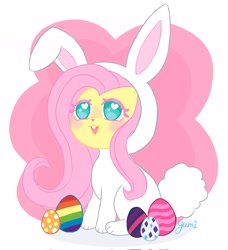 Size: 1871x2048 | Tagged: safe, artist:yumikivt, derpibooru import, fluttershy, pegasus, pony, rabbit, g4, animal, animal costume, bunny costume, clothes, cosplay, costume, easter, easter egg, egg, female, heart, heart eyes, mare, open mouth, open smile, sitting, smiling, solo, wingding eyes