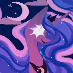 Size: 1200x1200 | Tagged: safe, artist:rinkitodo, derpibooru import, princess luna, alicorn, pony, g4, bust, cloud, colored eyelashes, colored pinnae, colored pupils, crescent moon, crown, ethereal mane, female, horn, jewelry, limited palette, lineless, long horn, long neck, looking up, mare, moon, multicolored mane, night, open mouth, open smile, peytral, profile, purple coat, regalia, signature, slit eyes, smiling, solo, starry mane, stars, thin, tiara, wavy mane